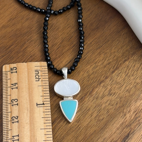 Vintage Sterling Silver 925 Mother of Pearl & Turquoise Pendant Necklace - Picture 4 of 6